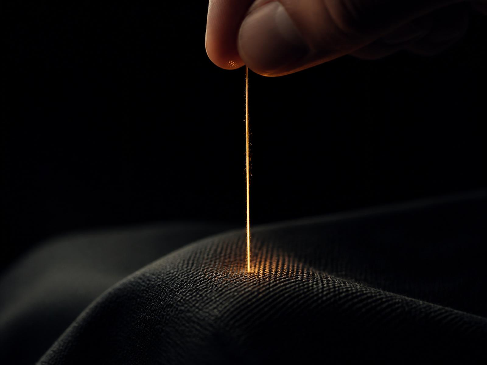 A hand pulling a single golden thread from dark woven fabric